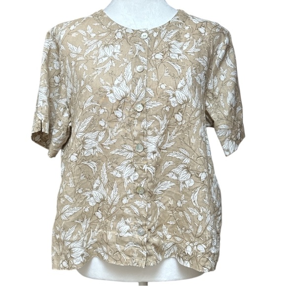 Orvis 100% Linen Shell Button Front Floral Short Sleeve Top Medium 10-12 - Picture 1 of 7
